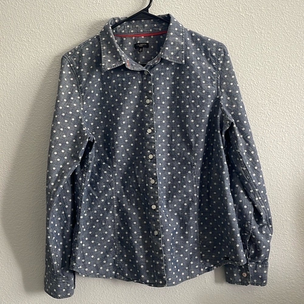 Talbots Chambray Petite Polka Dot Button up Shirt, Size 16p, Blue